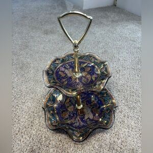 Vintage Dan Baird tiered dessert stand cobalt blue and gold bird motif